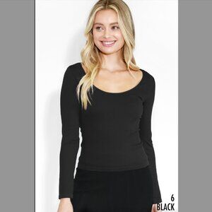 New Black Ribbed Long Sleeve Stretchy Scoop Neck Top One …